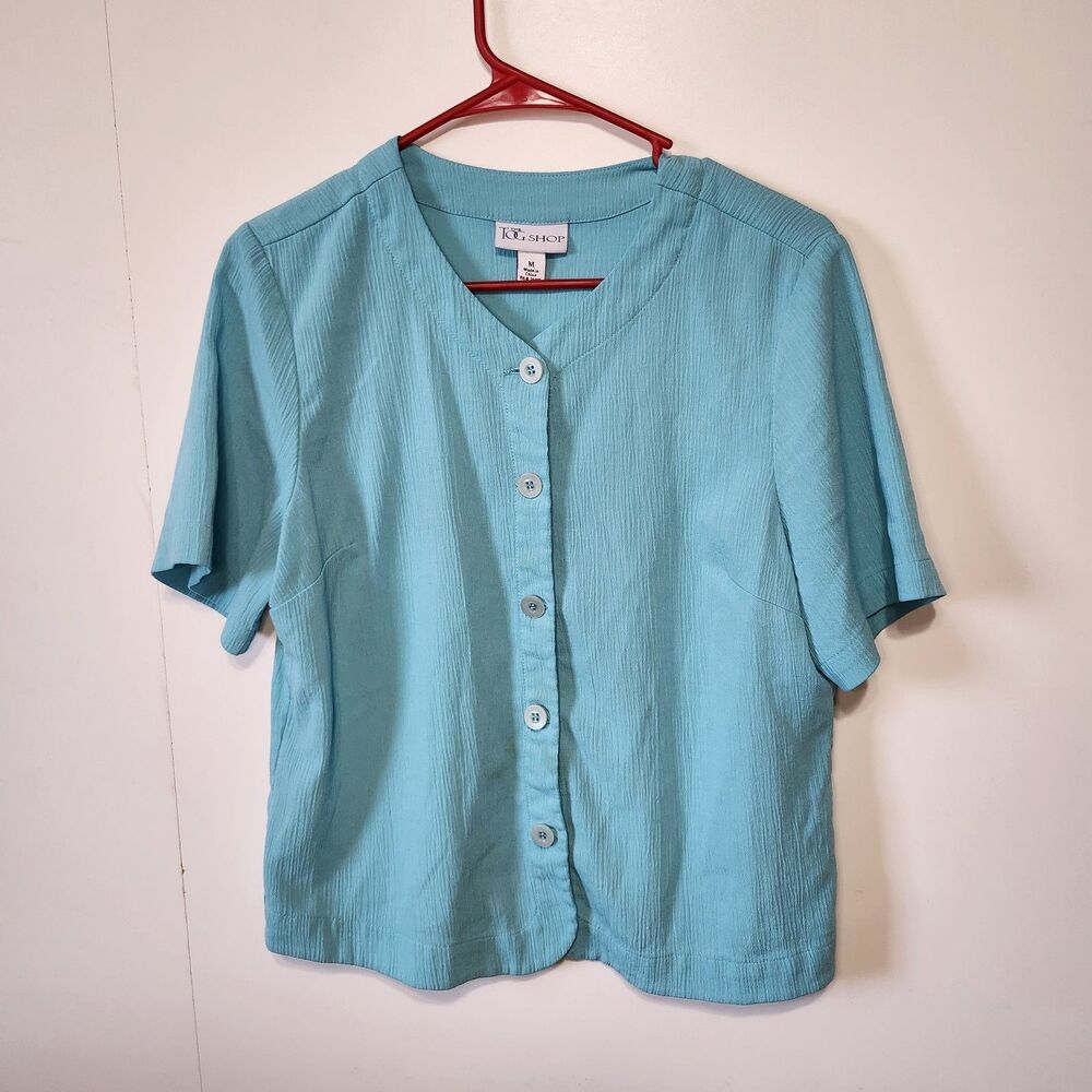 Vintage The Tog Shop Crinkle Gauze Blouse Turquoise Button Front Medium Top